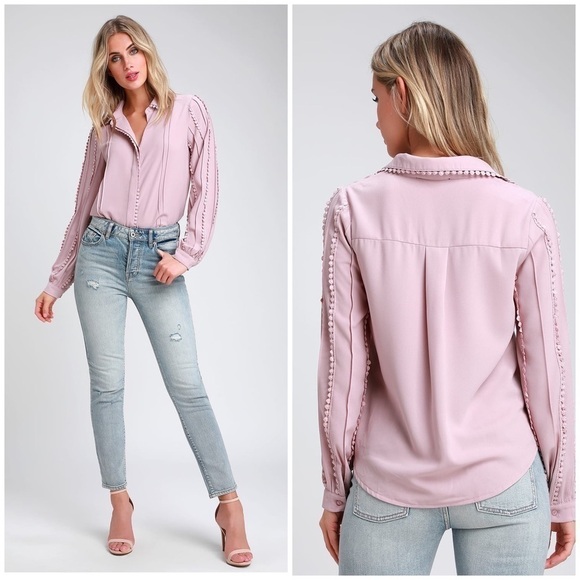 LULU’S On A Whimsy Lavender Crochet Long Sleeve Button Up Top - Picture 1 of 3